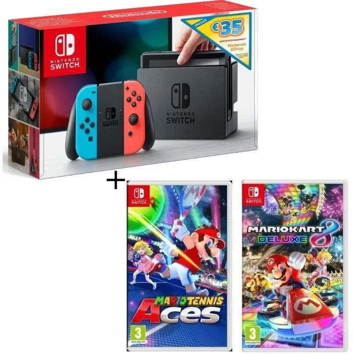Pack Nintendo Switch Néon + Mario Tennis Aces + Mario Kart 8 Deluxe + code téléchargement 35€ Nintendo eShop