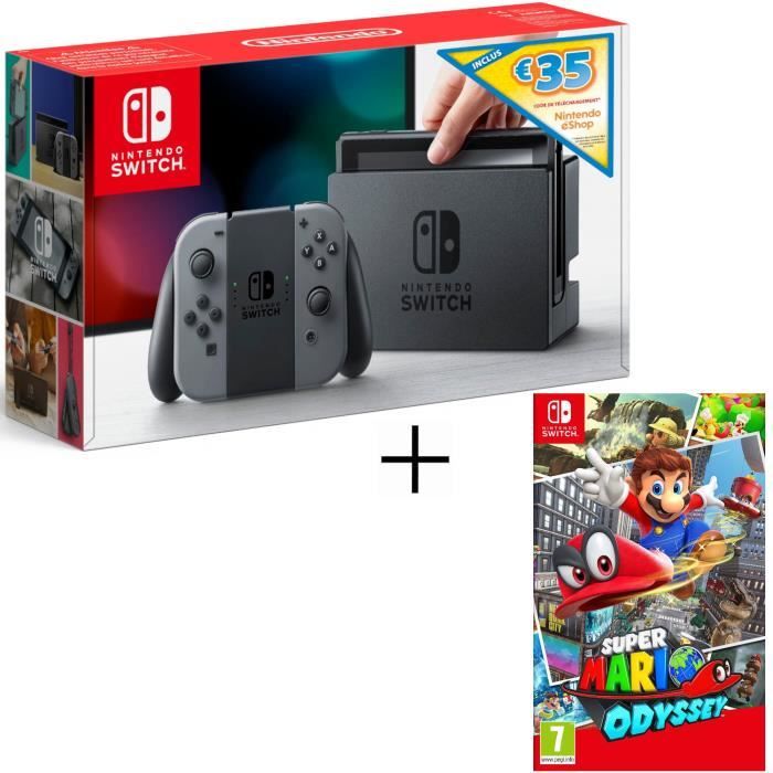Console Nintendo Switch avec paire de Joy-Con gris + code téléchargement 35€ Nintendo eShop + Super Mario Odyssey