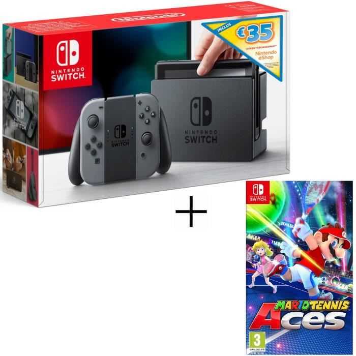 Console Nintendo Switch avec paire de Joy-Con gris + code téléchargement 35€ Nintendo eShop + Mario Tennis Aces