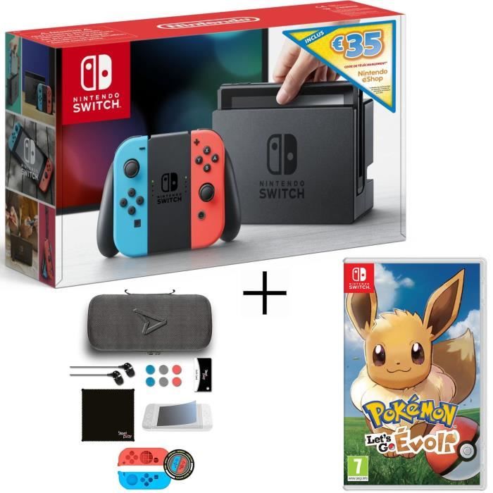Pack Nintendo Switch Néon+Pokemon Let's Go Evoli+Pack d'accessoires Steelplay 11 en 1 pour Switch+code téléchargement 35€ eshop