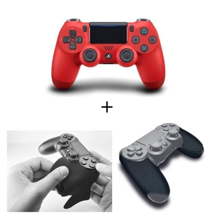 Manette DualShock 4 Rouge PS4 V2 + Grips Steelplay noirs pour manette PS4
