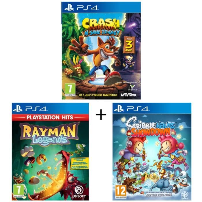 Pack 3 jeux Kids PS4 : Crash Bandicoot N. Sane Trilogy + Rayman Legends Playstation HITS + Scribblenauts Showdown