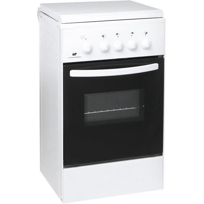 CONTINENTAL EDISON CE105WSC2 -Cuisinière table gaz-4 foyers-Four gaz-Nettoyage manuel email lisse-40L-A+-L45 x H86cm-Blanc