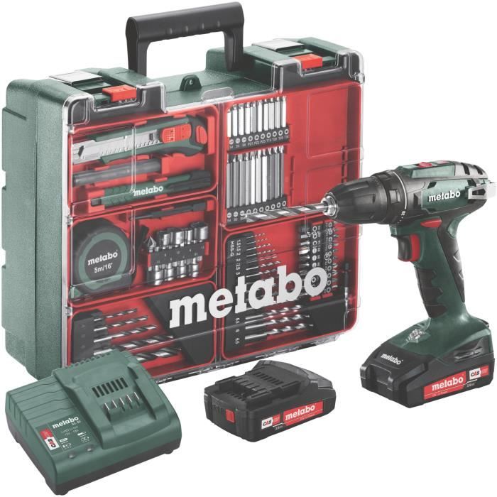 METABO Perceuse visseuse avec 2 batteries 18 V 2 Ah Li-ion et un coffret de 73 accessoires