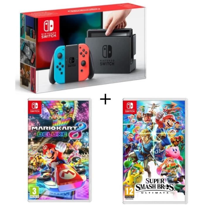 Pack Console Nintendo Switch Néon + Super Smash Bros Ultimate + Mario Kart 8 Deluxe