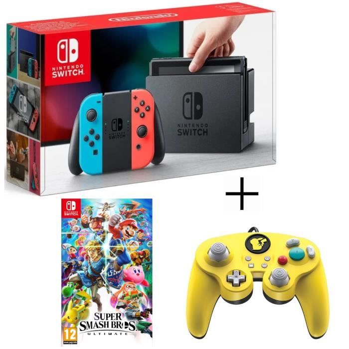 Console Nintendo Switch Néon + Super Smash Bros Ultimate + Manette filaire PDP Super Smash Bros : Pikachu