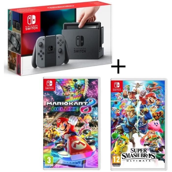 Pack Console Nintendo Switch Gris + Super Smash Bros Ultimate + Mario Kart 8 Deluxe
