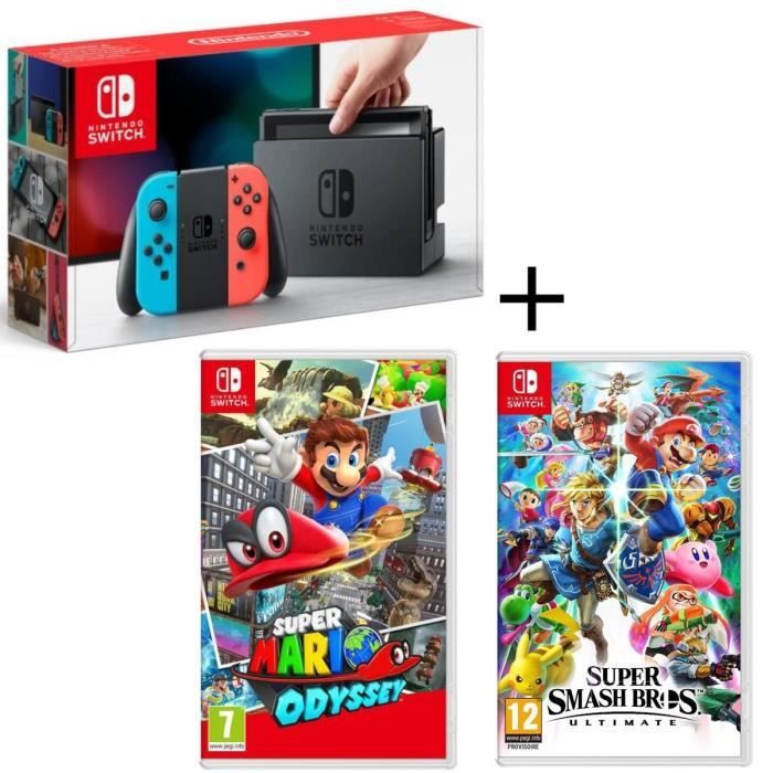 Pack Console Nintendo Switch Néon + Super Smash Bros Ultimate + Super Mario Odyssey