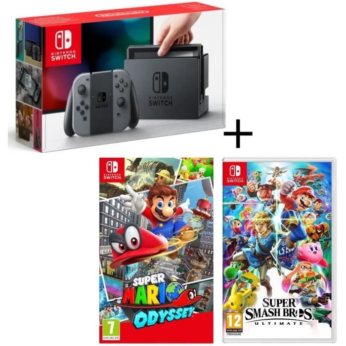 Pack Console Nintendo Switch Gris + Super Smash Bros Ultimate + Super Mario Odyssey