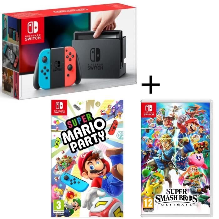 Pack Console Nintendo Switch Néon + Super Smash Bros Ultimate + Super Mario Party