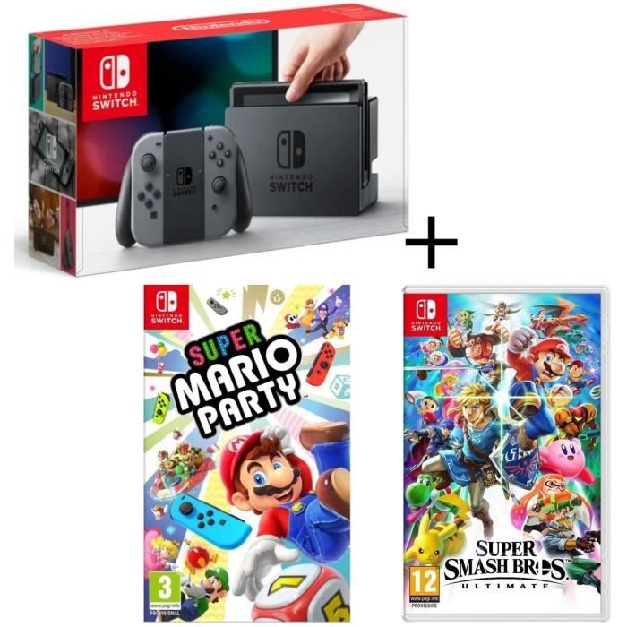 Pack Console Nintendo Switch Gris + Super Smash Bros Ultimate + Super Mario Party