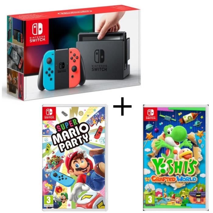 Pack Nintendo Switch Néon + Yoshi's : Crafted World + Super Mario Party