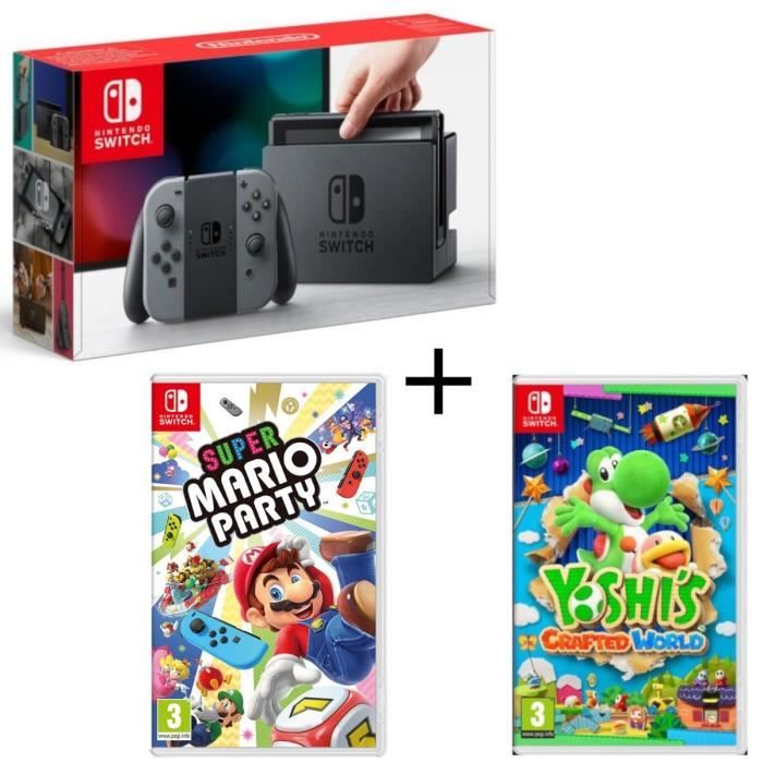 Pack Nintendo Switch Grise + Yoshi's : Crafted World + Super Mario Party