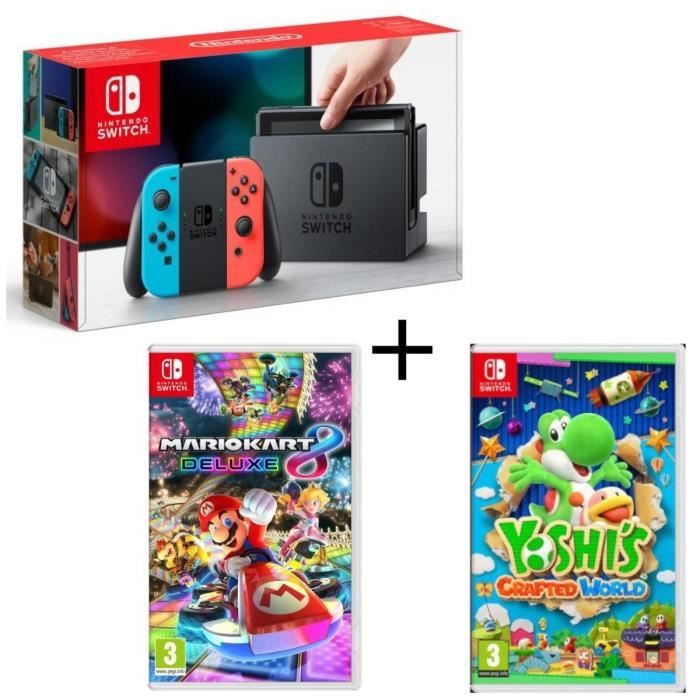 Pack Nintendo Switch Néon + Yoshi's : Crafted World + Mario Kart 8 Deluxe