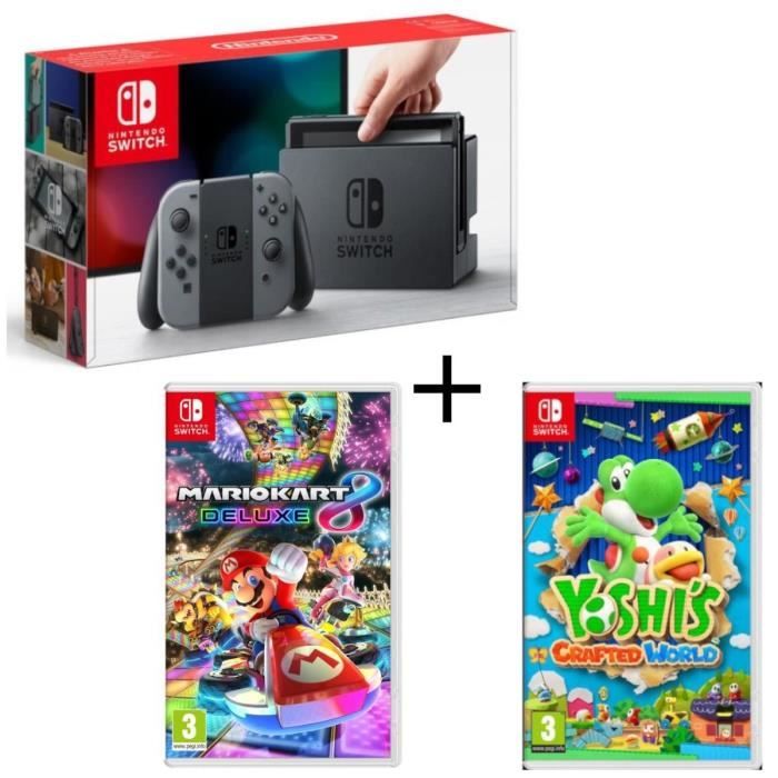 Pack Nintendo Switch Grise + Yoshi's : Crafted World + Mario Kart 8 Deluxe