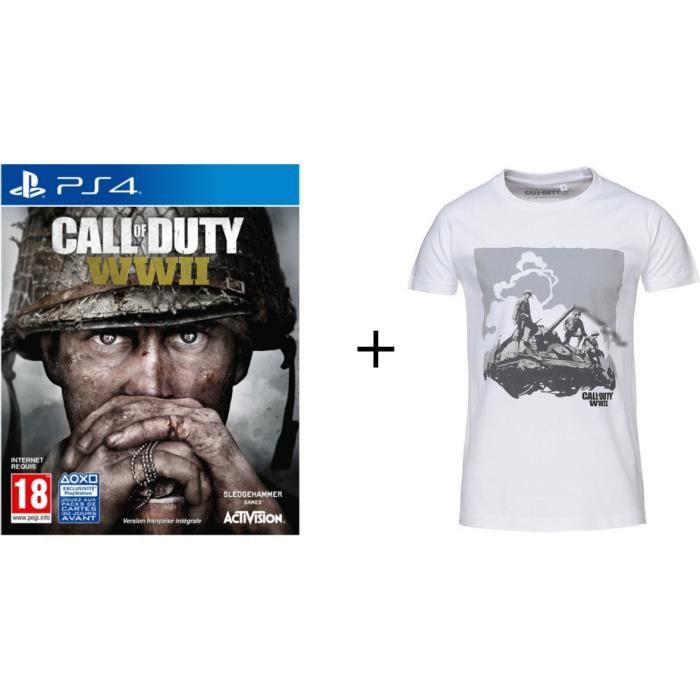 Pack Call Of Duty : Jeu PS4 Call of duty World War II + T-shirt Konix Call of Duty WWII - Taille L - Blanc