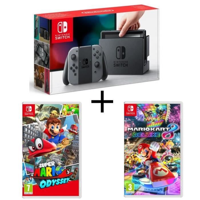 Console Nintendo Switch avec paire de Joy-Con gris + Super Mario Odyssey + Mario Kart 8 Deluxe