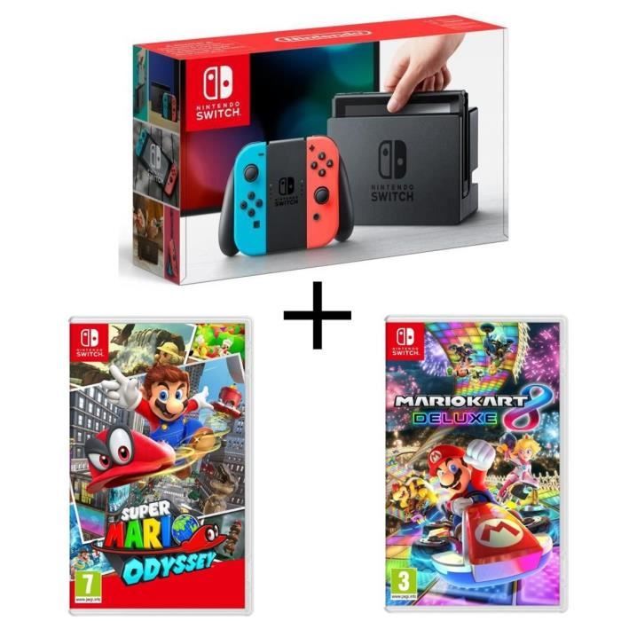 Console Nintendo Switch avec paire de Joy-Con néon + Super Mario Odyssey + Mario Kart 8 Deluxe