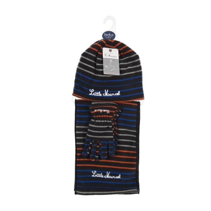 LITTLE MARCEL Ensemble Écharpe + Gants + Bonnet à Rayures noir avec rayures gris/orange/bleu Enfant Garçon