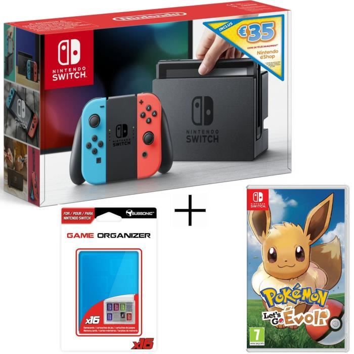 Pack Nintendo Switch Néon+Pokemon Let's Go Evoli+Boitier bleu range jeux et carte SD pour Switch+code téléchargement 35€ Nintendo