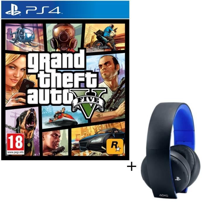 Pack Micro-casque Sony Sans Fil Stéréo 2.0 PS4, PS3, PS Vita + GTA V Jeu PS4