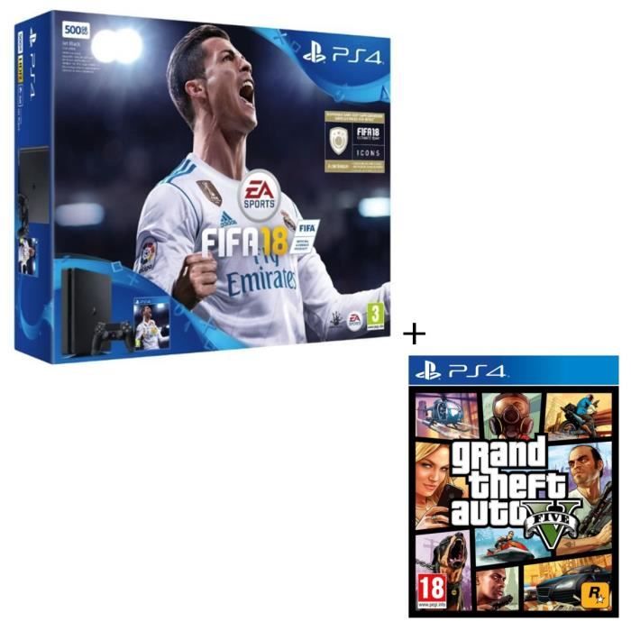 Pack console Nouvelle PS4 500 Go + 2 Jeux PS4 : FIFA 18 + GTA V