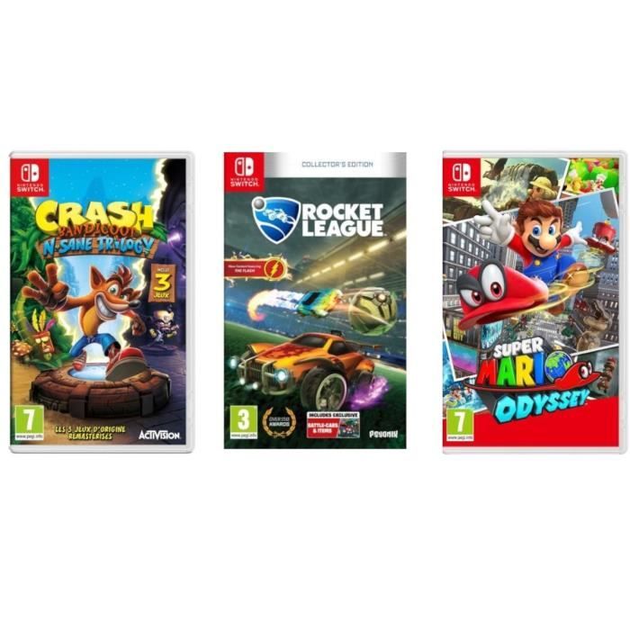 Pack 3 jeux Nintendo Switch : Crash Bandicoot N. Sane Trilogy + Rocket League + Super Mario Odyssey
