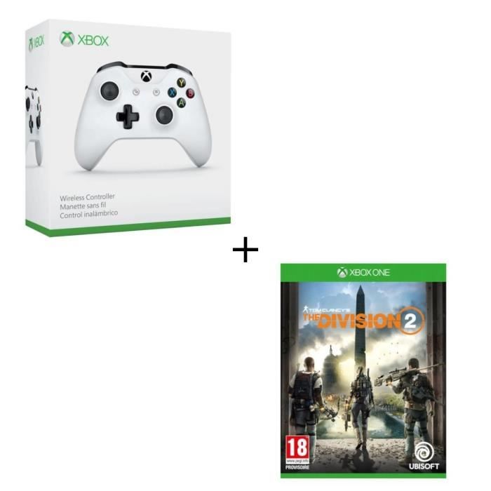 Manette sans fil Xbox One blanche compatible PC + The Division 2 Jeu Xbox One