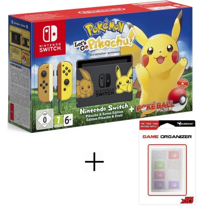 Console Switch + Pokemon: Let's Go, Pikachu! Préinstallé + Poké Ball Plus Ed Pikachu et Evoli + Boitier de rangement 16 jeux Switch