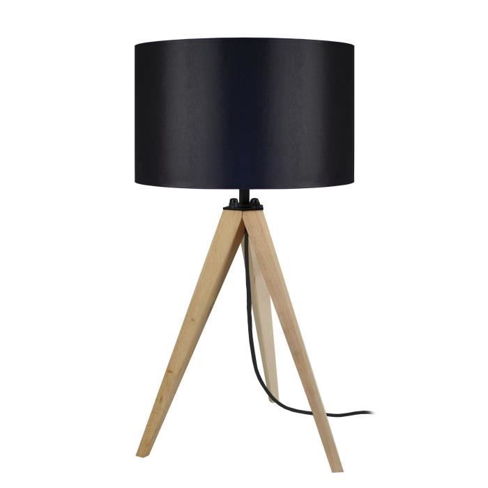 IDUN Lampe a poser trepied en bois naturel avec abat jour cylindrique en coton noir E27 30x56 cm