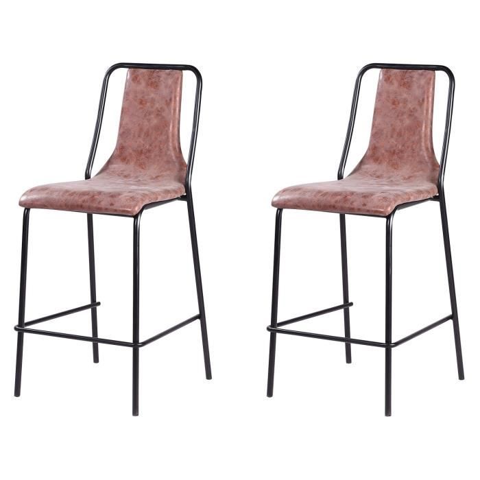 Lot de 2 tabourets de bar pieds en métal noir - Revêtement simili PU marron - Industriel - L 40 x P 50 cm