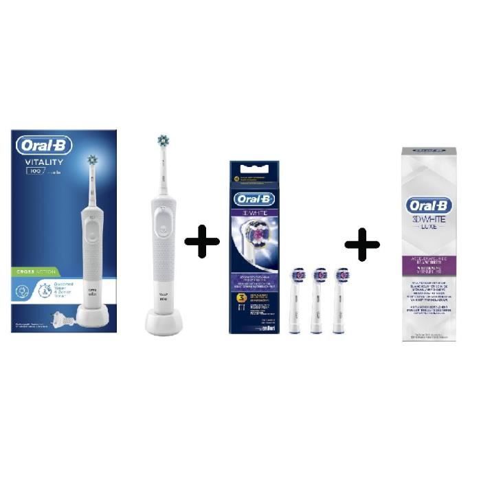 Pack Blancheur Oral B Vitality + lot de 3 brossettes 3D White + Dentifrice 3D White Luxe accélérateur de blancheur 75ml