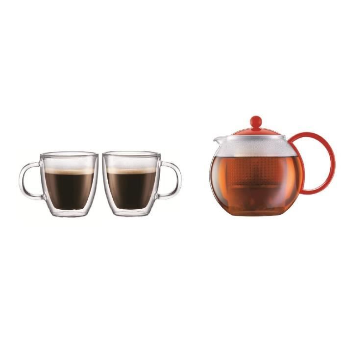 BODUM ASSAM Theière à piston 1L + BISTRO Set de 2 mugs double paroi 0,3L - Rouge/Transparent