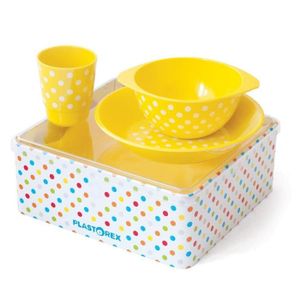 PLASTOREX Coffret Repas mélamine jaune décor Petits Pois Blancs (assiette, bol, gobelet) sous boîte métallique décorée