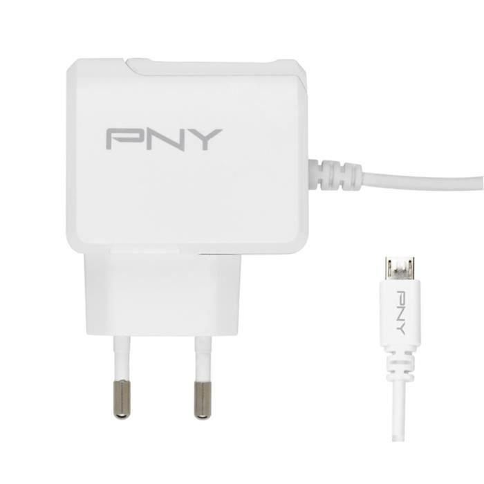 PNY Chargeur Secteur Micro USB avec cable integre pour Telephone portable Tablette 12 W Blanc