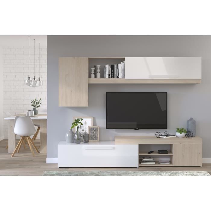 BACKSTAGE Meuble TV - Décor Chêne Jackson et blanc brillant - L 250cm