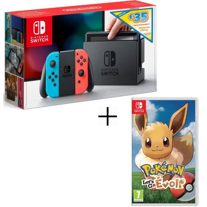Console Nintendo Switch Néon avec Joy-Con bleu/rouge Ed. Limitée + code téléchargement 35€ Nintendo eShop + Pokémon Let's Go Evoli