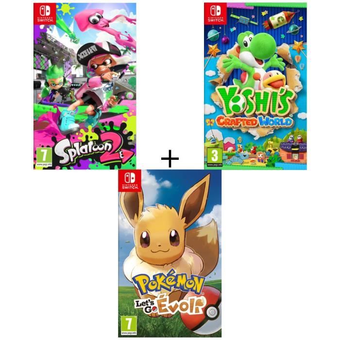 Pack 3 jeux Switch : Pokémon : Let's go, Evoli + Splatoon 2 + Yoshi's : Crafted World