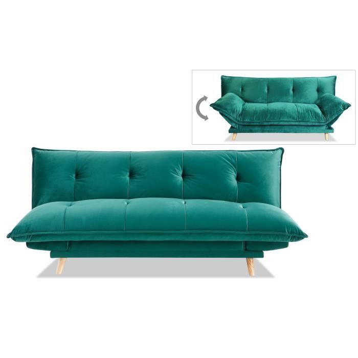 SOFTY Banquette convertible - Velours vert - Pieds bois noyer - L 191 x P 50 x H 83 cm