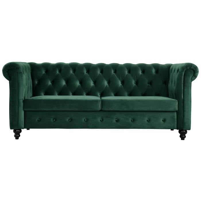 HAVANA Canapé Chesterfield droit fixe - 3 places - Velours vert - Vintage - L 217 x P 83 cm