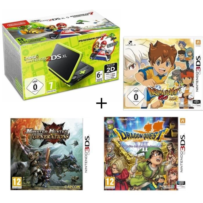 New DS XL Noir et Citron + Monster Hunter Generations + Dragon Quest VII + Inazuma Eleven Go Lumière