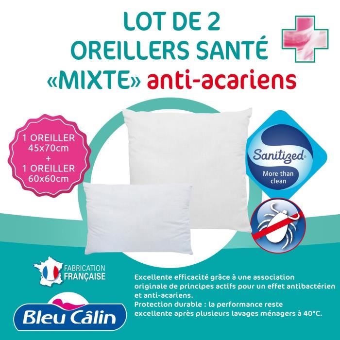 BLEU CALIN Lot de 2 oreillers anti-acariens de tailles différentes (1 oreiller 45x70cm + 1 oreiller 60x60cm)