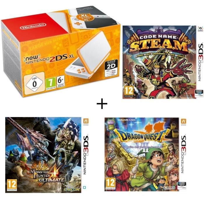 New 2DS XL Blanche et Orange + Monster Hunter 4 Ultimate + Dragon Quest VII + Code Name : STEAM