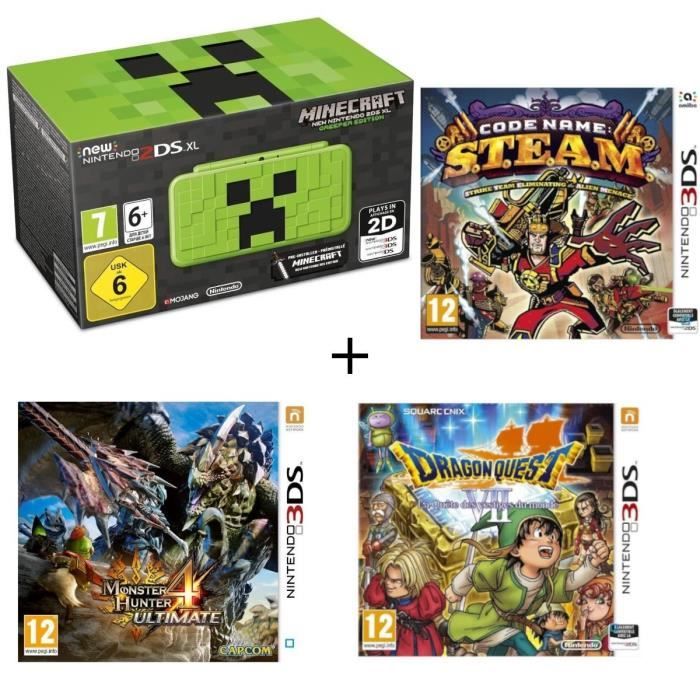 New 2DS XL Minecraft Creeper Edition + Monster Hunter 4 Ultimate + Dragon Quest VII + Code Name : STEAM