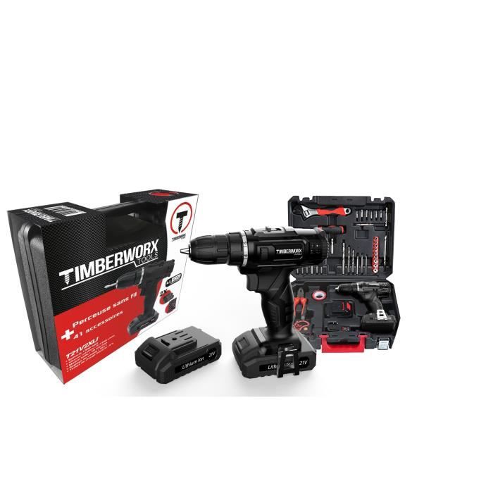 TIMBERWORX perceuse visseuse sans fil - 21 V- 2 batteries - Avec 41 accessoires