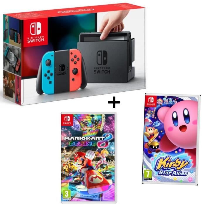 Pack NINTENDO Console Switch Joy-Cons Neon rouge et bleu + Jeu Kirby Star Allies + Jeu Mario Kart 8