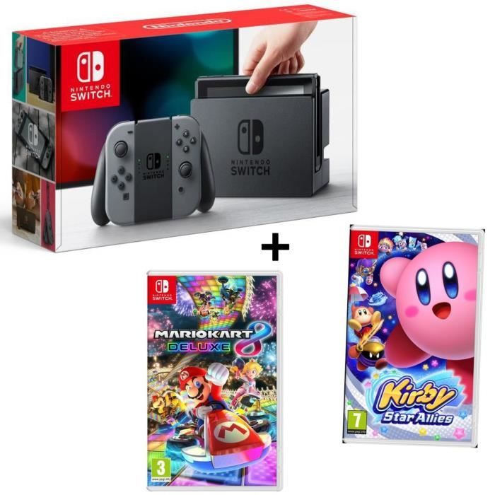 Pack NINTENDO Console Switch Joy-Cons gris + Jeu Kirby Star Allies + Jeu Mario Kart 8
