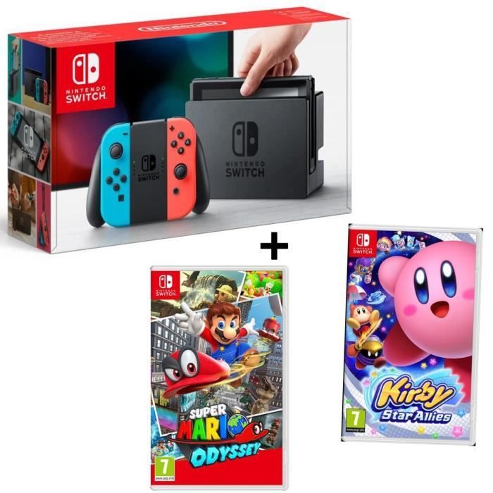 Pack NINTENDO Console Switch Joy-Cons Neon rouge et bleu + Jeu Kirby Star Allies + Jeu Mario Odyssey