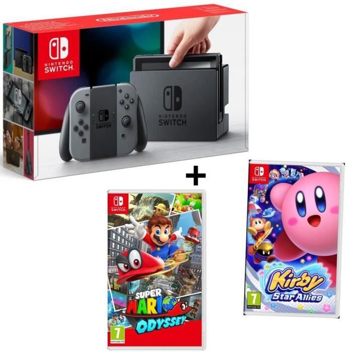 Pack NINTENDO Console Switch Joy-Cons gris + Jeu Kirby Star Allies + Jeu Mario Odyssey