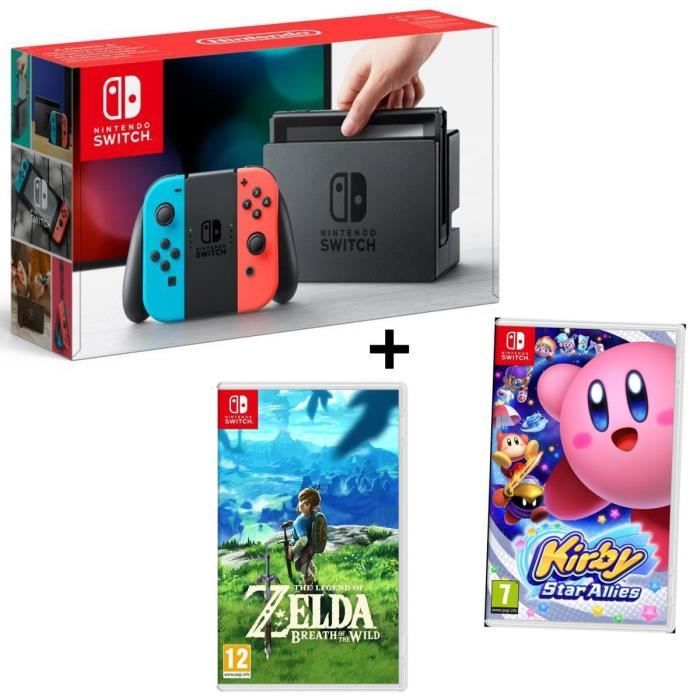 Pack NINTENDO Console Switch Joy-Cons Neon rouge et bleu + Jeu Kirby Star Allies + Jeu The Legend of Zelda : Breath of the Wild